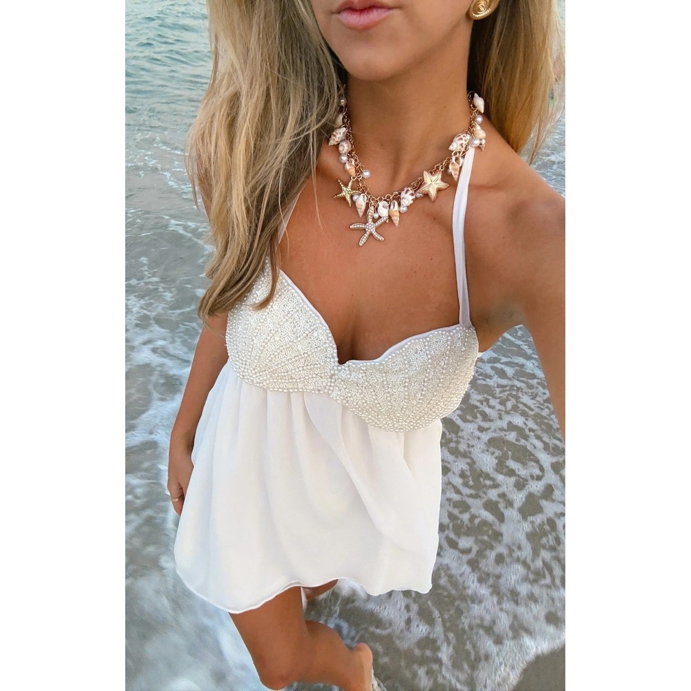 White Beaded Seashell Halter Babydoll Dress Mermaidcore Pearl Sequin Bridal Mini